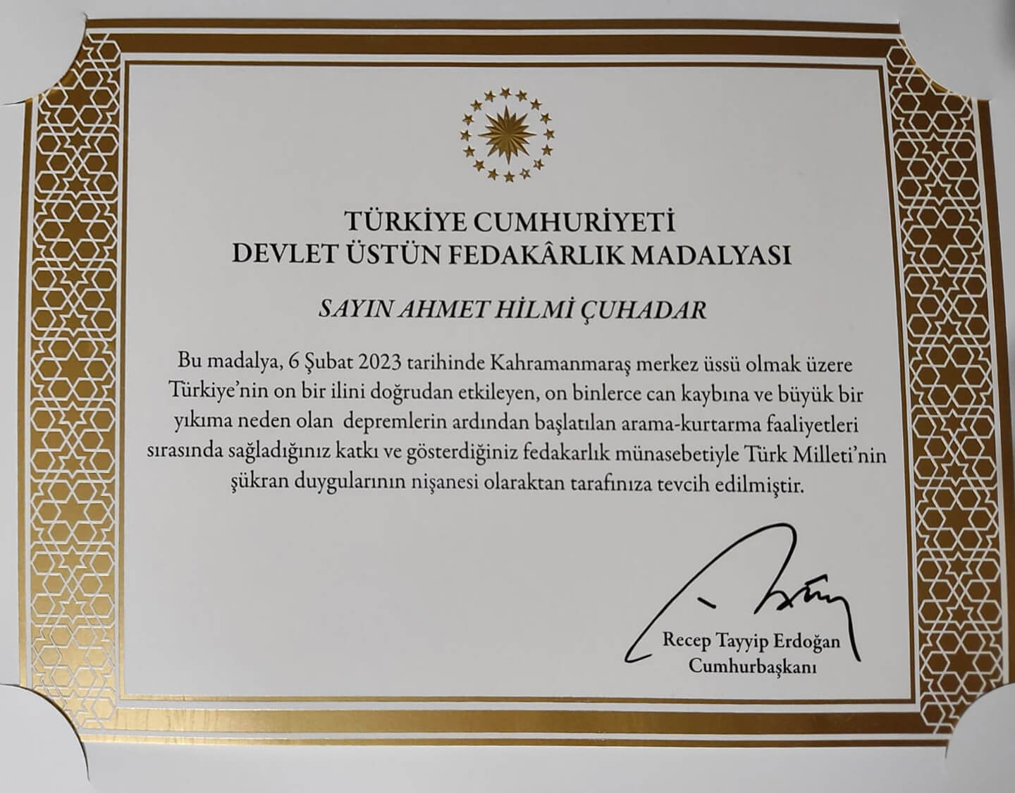 Madalyayı, temsilen Ankara ekibi liderimiz Ahmet Hilmi Çuhadar aldı.